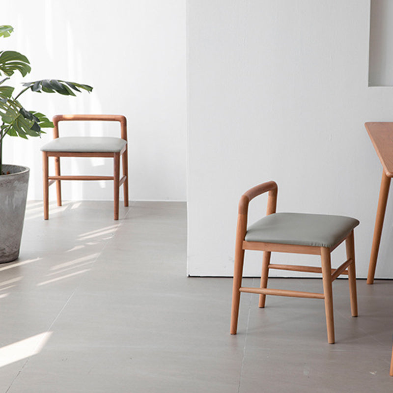 Contemporary Nordic Oak Leather Square Vanity Stool With Backrest & Footrest For Bedroom & Dining Room