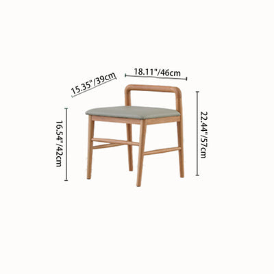 Contemporary Nordic Oak Leather Square Vanity Stool With Backrest & Footrest For Bedroom & Dining Room
