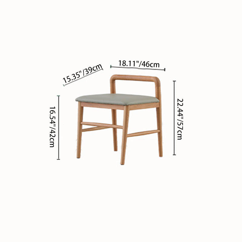 Contemporary Nordic Oak Leather Square Vanity Stool With Backrest & Footrest For Bedroom & Dining Room