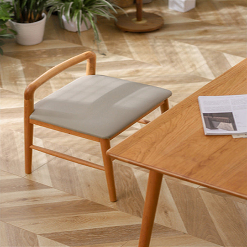 Contemporary Nordic Oak Leather Square Vanity Stool With Backrest & Footrest For Bedroom & Dining Room