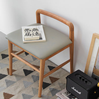 Contemporary Nordic Oak Leather Square Vanity Stool With Backrest & Footrest For Bedroom & Dining Room