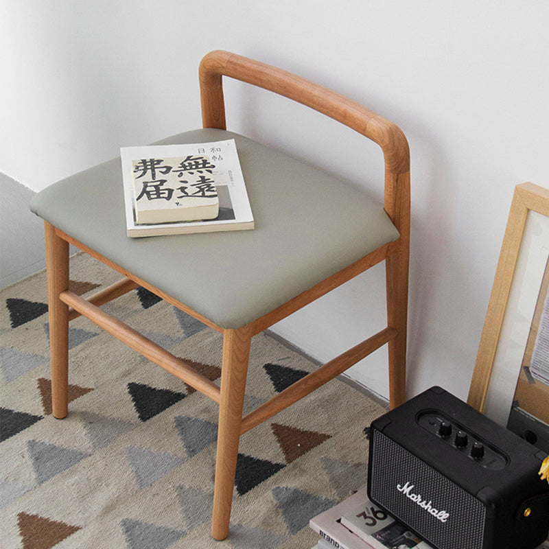 Contemporary Nordic Oak Leather Square Vanity Stool With Backrest & Footrest For Bedroom & Dining Room