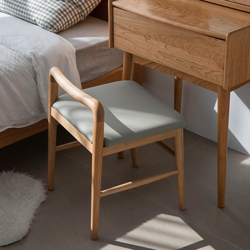 Contemporary Nordic Oak Leather Square Vanity Stool With Backrest & Footrest For Bedroom & Dining Room
