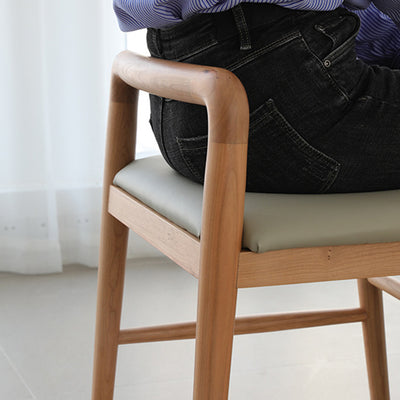 Contemporary Nordic Oak Leather Square Vanity Stool With Backrest & Footrest For Bedroom & Dining Room