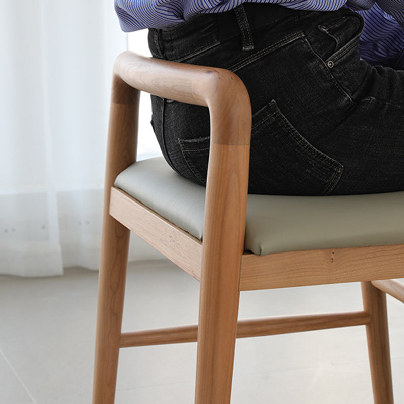 Contemporary Nordic Oak Leather Square Vanity Stool With Backrest & Footrest For Bedroom & Dining Room