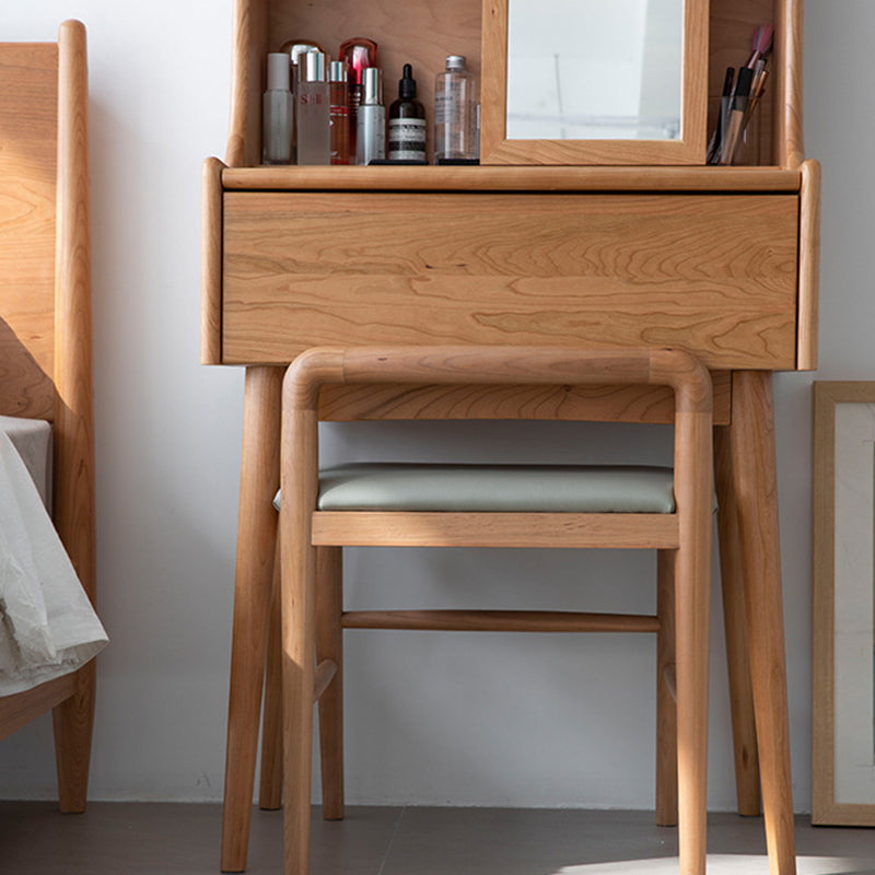 Contemporary Nordic Oak Leather Square Vanity Stool With Backrest & Footrest For Bedroom & Dining Room