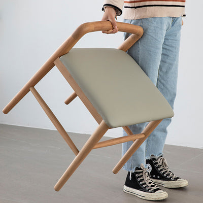 Contemporary Nordic Oak Leather Square Vanity Stool With Backrest & Footrest For Bedroom & Dining Room