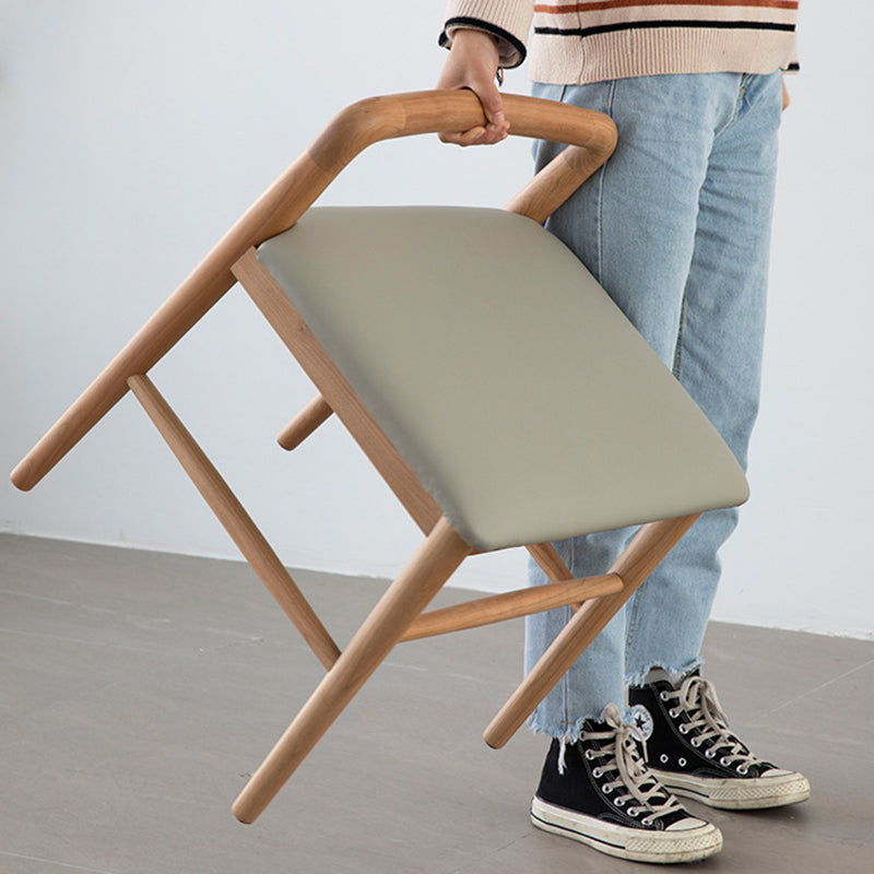 Contemporary Nordic Oak Leather Square Vanity Stool With Backrest & Footrest For Bedroom & Dining Room