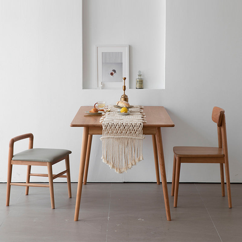 Contemporary Nordic Oak Leather Square Vanity Stool With Backrest & Footrest For Bedroom & Dining Room