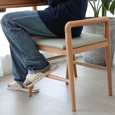 Contemporary Nordic Oak Leather Square Vanity Stool With Backrest & Footrest For Bedroom & Dining Room