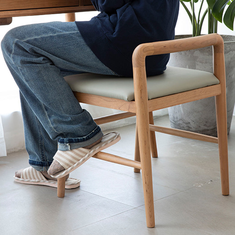 Contemporary Nordic Oak Leather Square Vanity Stool With Backrest & Footrest For Bedroom & Dining Room