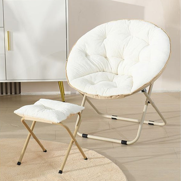 Modern Minimalist Plush Cotton Steel Round Foldable Lounge Chair With Backrest & Footrest For Living Room & Bedroom