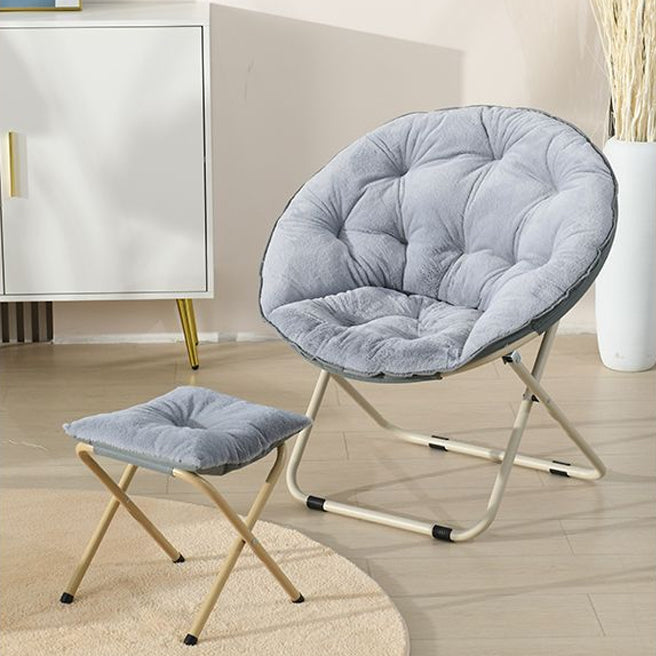 Modern Minimalist Plush Cotton Steel Round Foldable Lounge Chair With Backrest & Footrest For Living Room & Bedroom
