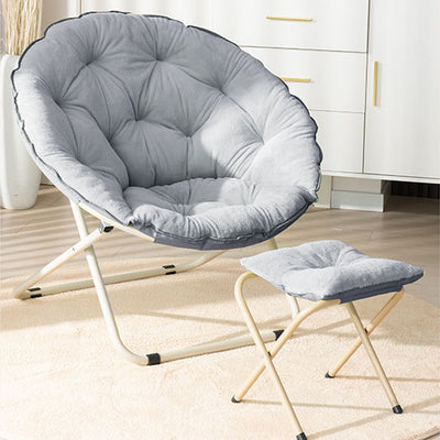 Modern Minimalist Plush Cotton Steel Round Foldable Lounge Chair With Backrest & Footrest For Living Room & Bedroom