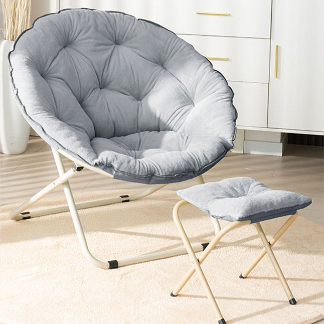 Modern Minimalist Plush Cotton Steel Round Foldable Lounge Chair With Backrest & Footrest For Living Room & Bedroom