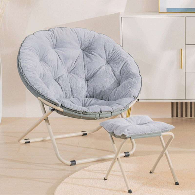 Modern Minimalist Plush Cotton Steel Round Foldable Lounge Chair With Backrest & Footrest For Living Room & Bedroom
