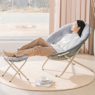 Modern Minimalist Plush Cotton Steel Round Foldable Lounge Chair With Backrest & Footrest For Living Room & Bedroom