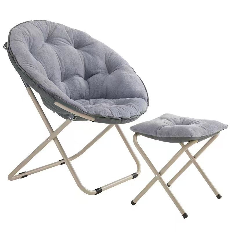 Modern Minimalist Plush Cotton Steel Round Foldable Lounge Chair With Backrest & Footrest For Living Room & Bedroom
