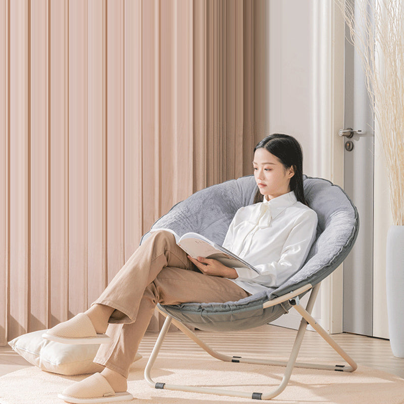 Modern Minimalist Plush Cotton Steel Round Foldable Lounge Chair With Backrest & Footrest For Living Room & Bedroom