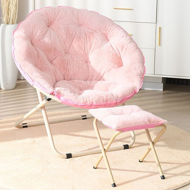 Modern Minimalist Plush Cotton Steel Round Foldable Lounge Chair With Backrest & Footrest For Living Room & Bedroom