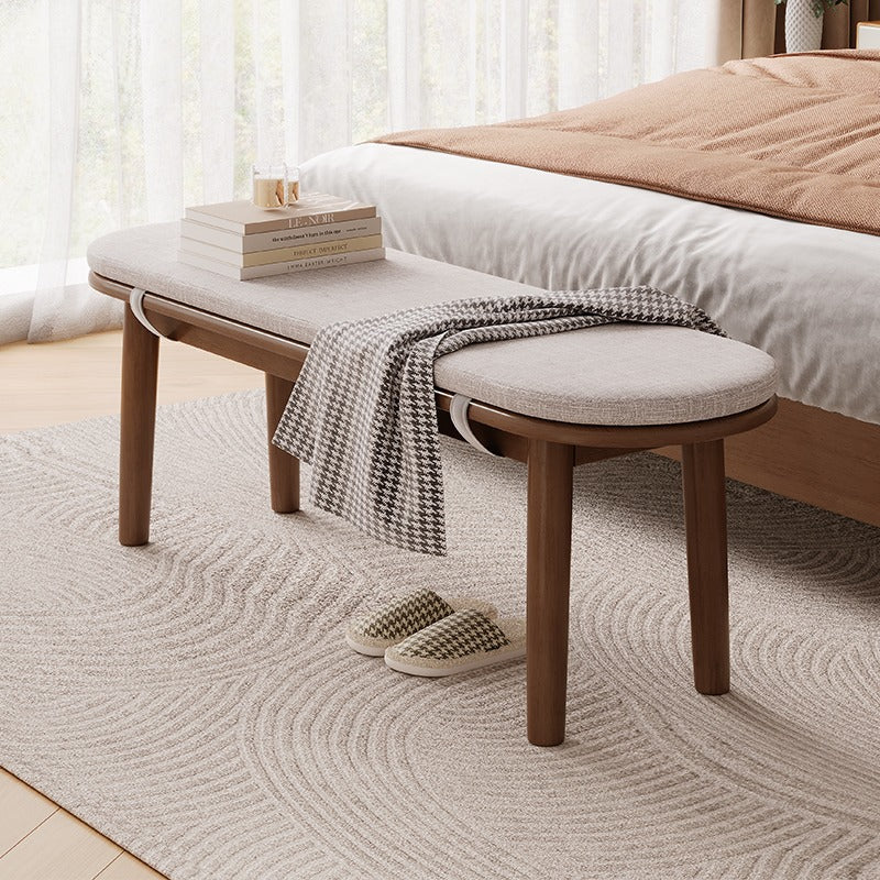 Contemporary Nordic Rubberwood Fabric Oval Bench With Cushion For Bedroom & Entryway