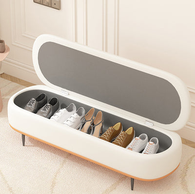 Contemporary Nordic Leather Wood Carbon Steel Oval Storage Bench With Backrest For Bedroom & Entryway