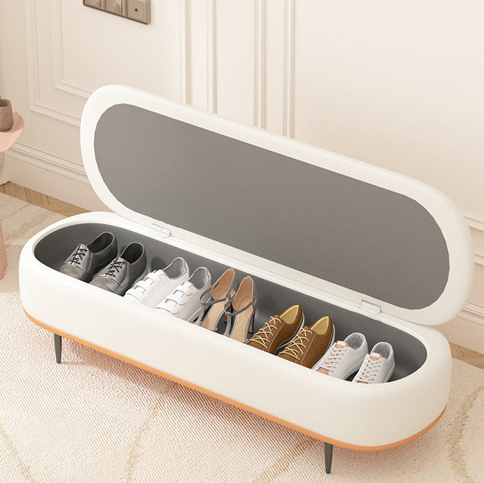 Contemporary Nordic Leather Wood Carbon Steel Oval Storage Bench With Backrest For Bedroom & Entryway