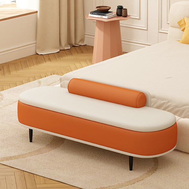 Contemporary Nordic Leather Wood Carbon Steel Oval Storage Bench With Backrest For Bedroom & Entryway