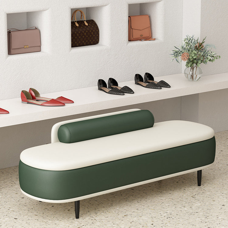 Contemporary Nordic Leather Wood Carbon Steel Oval Storage Bench With Backrest For Bedroom & Entryway