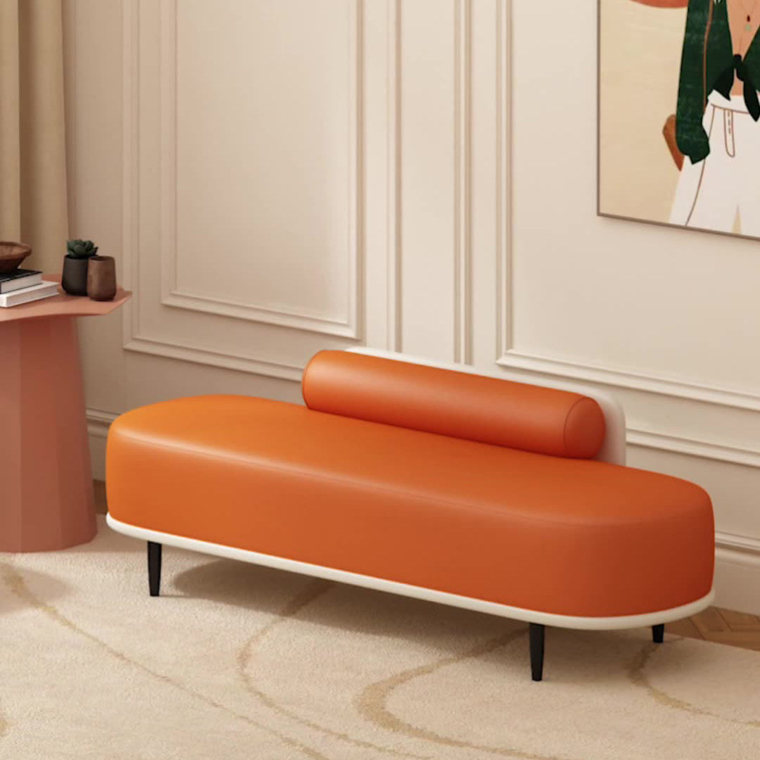 Banco de almacenamiento ovalado contemporáneo nórdico de madera contrachapada, cuero sintético y acero al carbono con respaldo para dormitorio y recibidor 