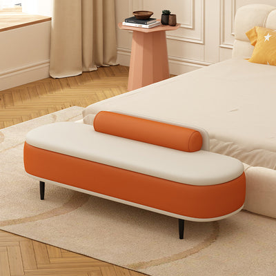 Contemporary Nordic Leather Wood Carbon Steel Oval Storage Bench With Backrest For Bedroom & Entryway