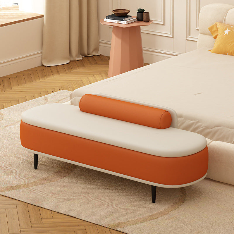Contemporary Nordic Leather Wood Carbon Steel Oval Storage Bench With Backrest For Bedroom & Entryway