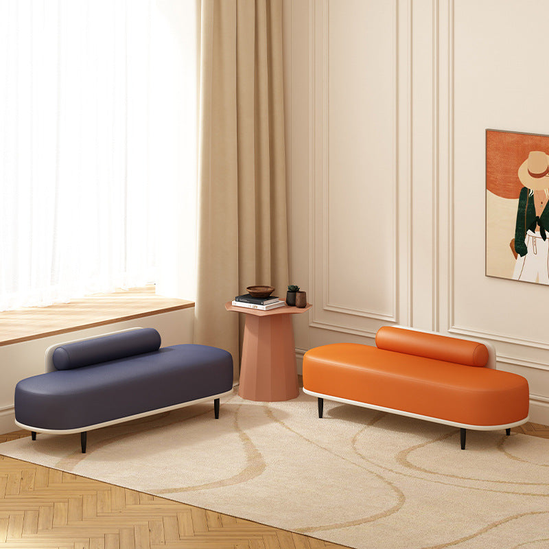 Contemporary Nordic Leather Wood Carbon Steel Oval Storage Bench With Backrest For Bedroom & Entryway