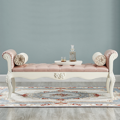 Traditional European Fabric Leather & Solid Wood Rectangular Shoe Bench With Armrests For Bedroom