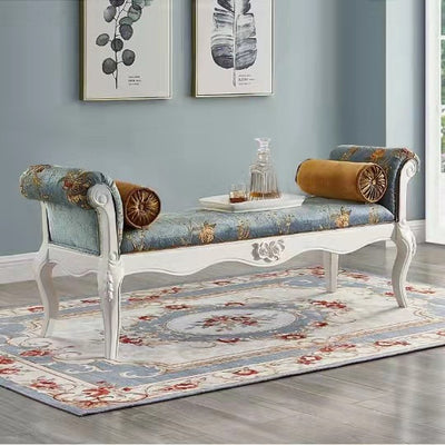 Traditional European Fabric Leather & Solid Wood Rectangular Shoe Bench With Armrests For Bedroom