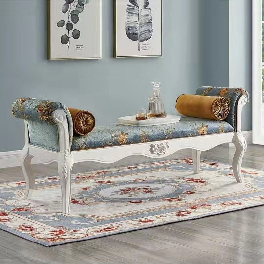 Traditional European Fabric Leather & Solid Wood Rectangular Shoe Bench With Armrests For Bedroom