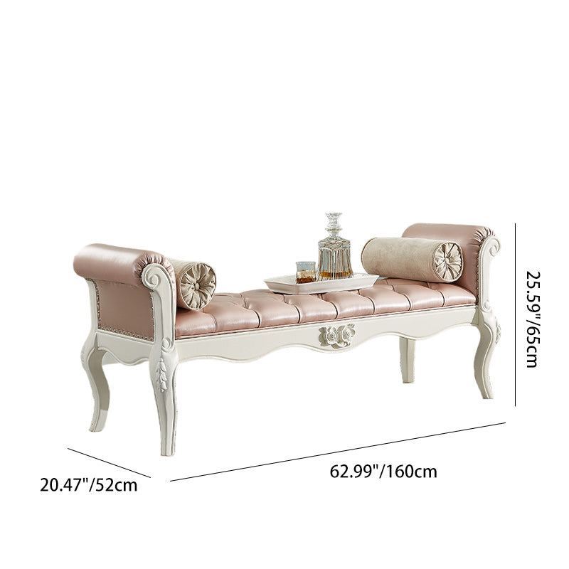 Traditional European Fabric Leather & Solid Wood Rectangular Shoe Bench With Armrests For Bedroom
