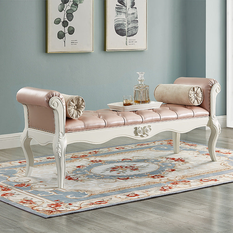 Traditional European Fabric Leather & Solid Wood Rectangular Shoe Bench With Armrests For Bedroom