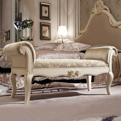 Traditional European Fabric Leather & Solid Wood Rectangular Shoe Bench With Armrests For Bedroom