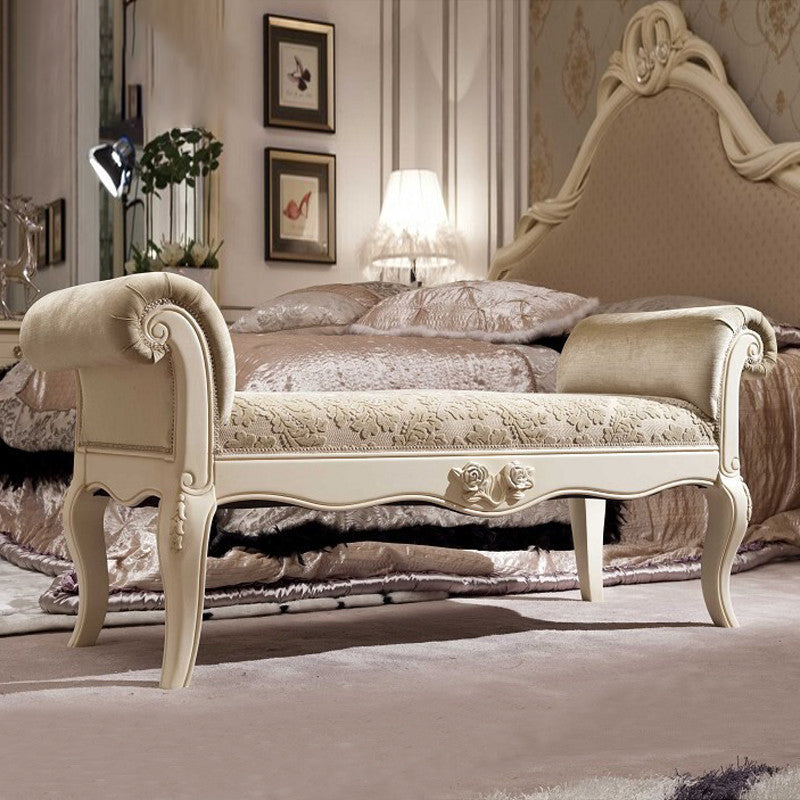 Traditional European Fabric Leather & Solid Wood Rectangular Shoe Bench With Armrests For Bedroom