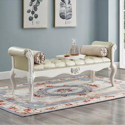 Traditional European Fabric Leather & Solid Wood Rectangular Shoe Bench With Armrests For Bedroom