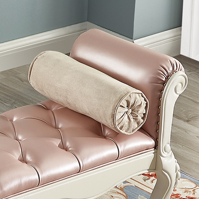 Traditional European Fabric Leather & Solid Wood Rectangular Shoe Bench With Armrests For Bedroom
