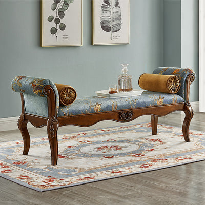 Traditional European Fabric Leather & Solid Wood Rectangular Shoe Bench With Armrests For Bedroom