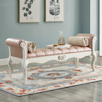 Traditional European Fabric Leather & Solid Wood Rectangular Shoe Bench With Armrests For Bedroom