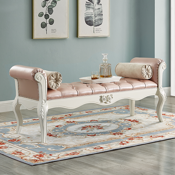 Traditional European Fabric Leather & Solid Wood Rectangular Shoe Bench With Armrests For Bedroom