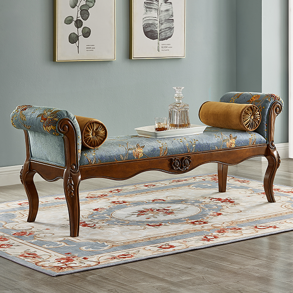 Traditional European Fabric Leather & Solid Wood Rectangular Shoe Bench With Armrests For Bedroom