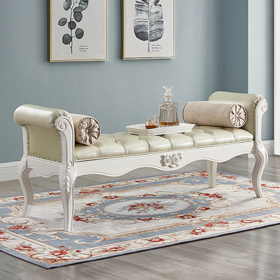 Traditional European Fabric Leather & Solid Wood Rectangular Shoe Bench With Armrests For Bedroom