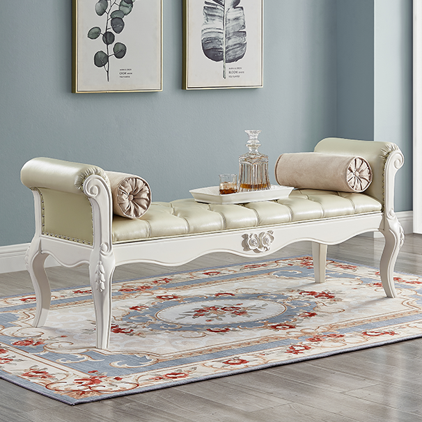Traditional European Fabric Leather & Solid Wood Rectangular Shoe Bench With Armrests For Bedroom
