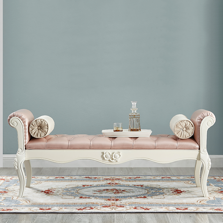 Traditional European Fabric Leather & Solid Wood Rectangular Shoe Bench With Armrests For Bedroom