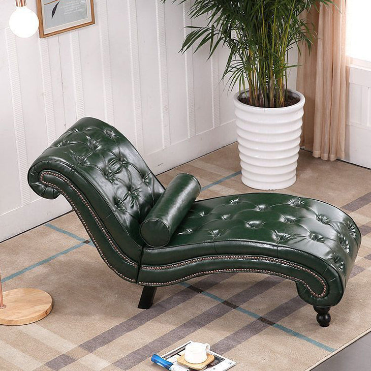 Chaise longue incurvée traditionnelle européenne en bois, velours et cuir avec dossier pour salon et chambre 